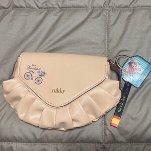 Taupe Nikky Lee Ruffled Clutch with Bicycle Motif NWT